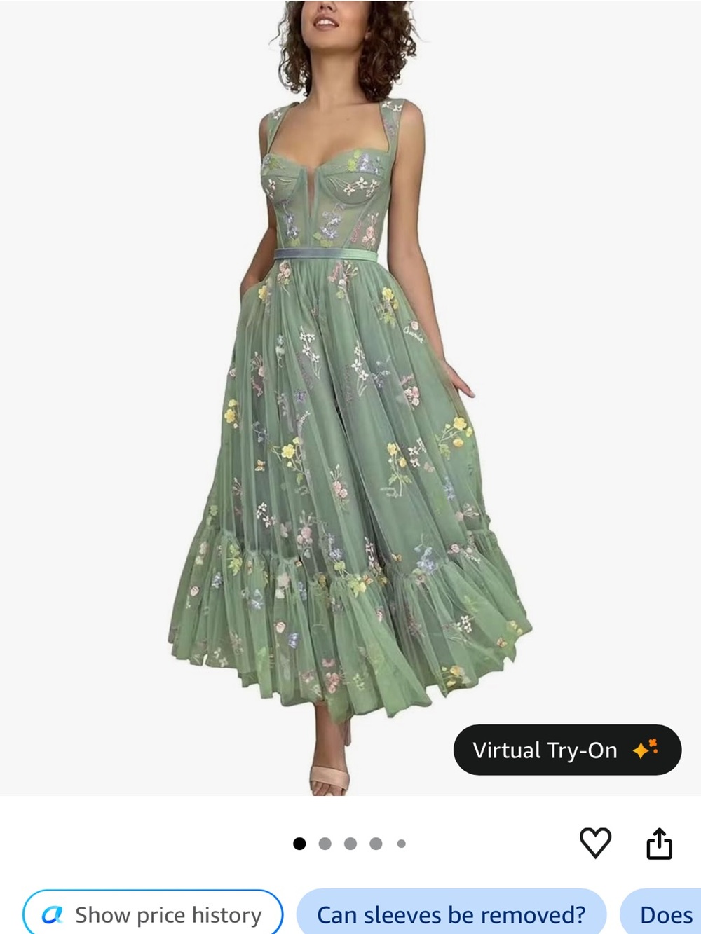 Amazon Sage Green Floral Mesh Midi Dress with Corset Bodice
